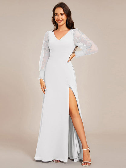 ever RYLEE|See-Through Long Sleeve V-Neck High Slit Chiffon Formal Evening Dress