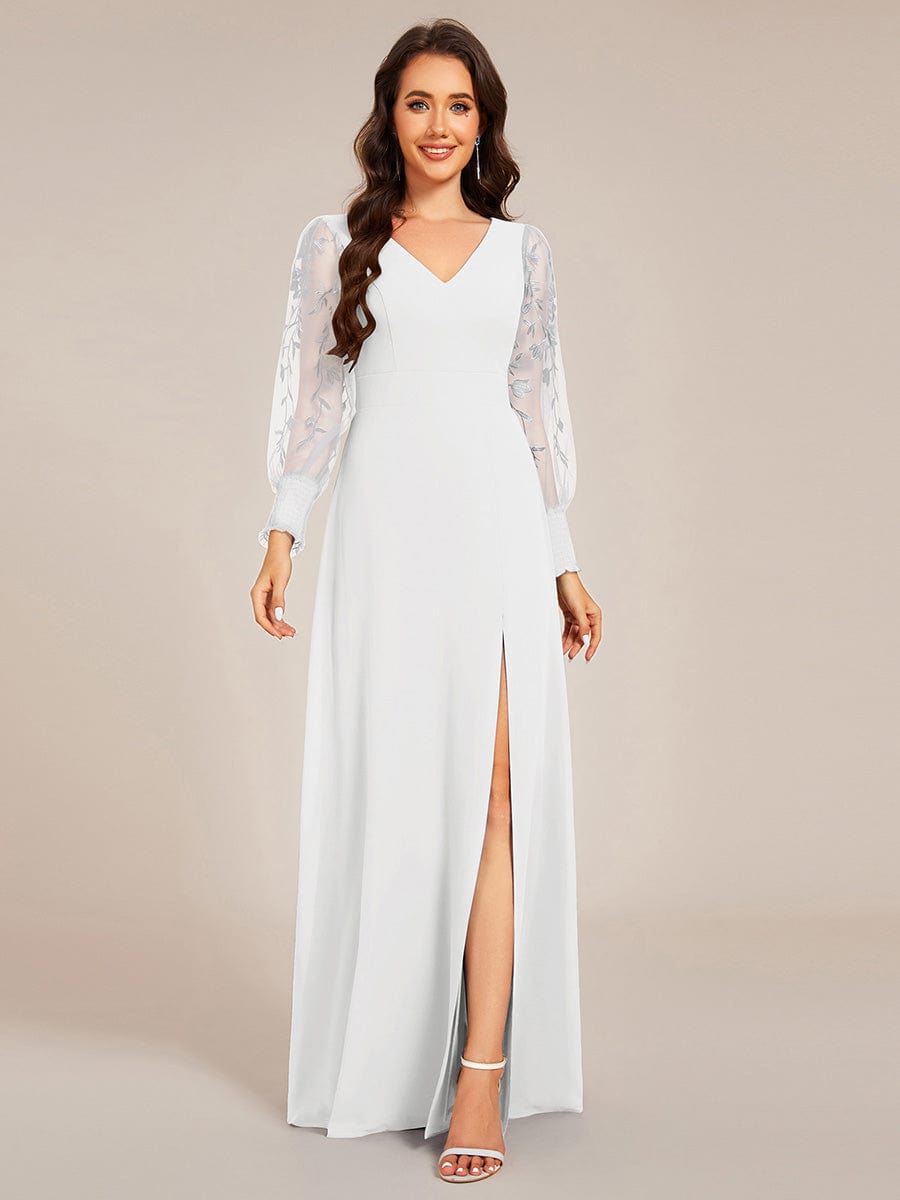 ever RYLEE|See-Through Long Sleeve V-Neck High Slit Chiffon Formal Evening Dress