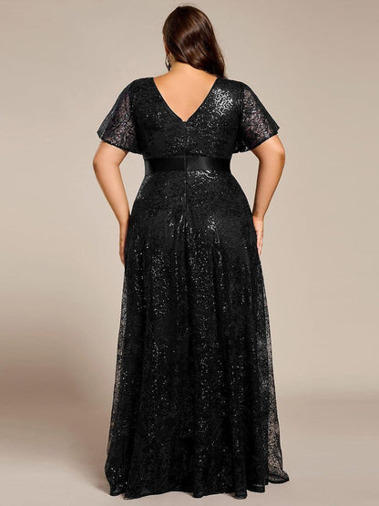 pretty CORY|Plus Size Illusion Sequin V-neck Short Sleeve Maxi Formal Dress