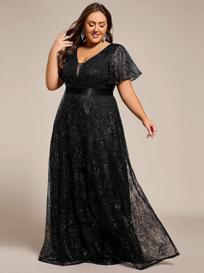 pretty CORY|Plus Size Illusion Sequin V-neck Short Sleeve Maxi Formal Dress