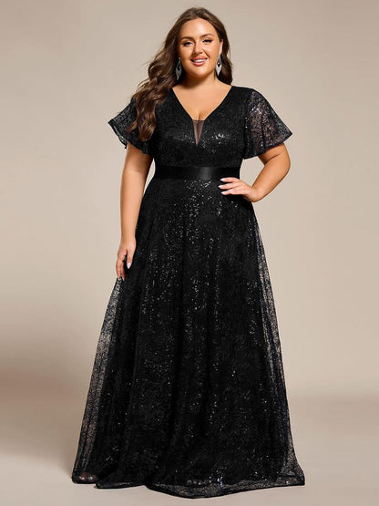 pretty CORY|Plus Size Illusion Sequin V-neck Short Sleeve Maxi Formal Dress