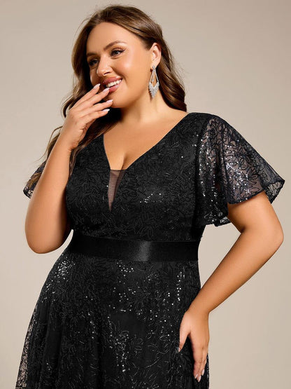pretty CORY|Plus Size Illusion Sequin V-neck Short Sleeve Maxi Formal Dress