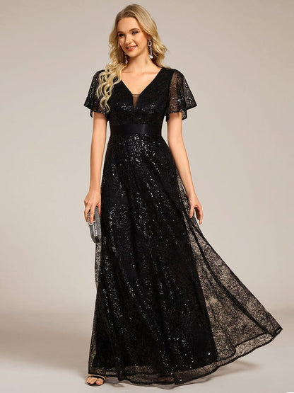 ever CORY|Illusion V-neck Short Sleeve Sequin Formal Maxi Dress