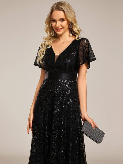 ever CORY|Illusion V-neck Short Sleeve Sequin Formal Maxi Dress