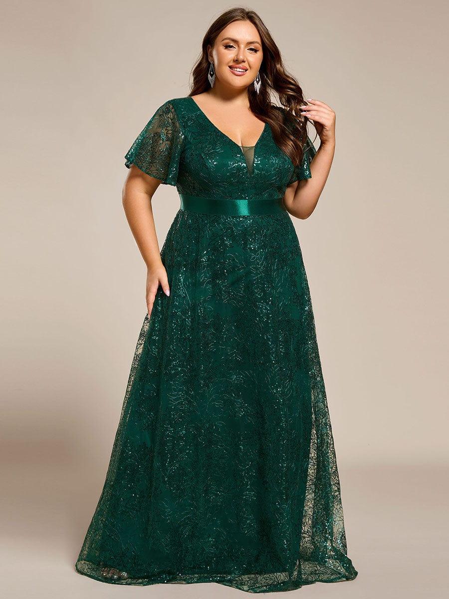 pretty CORY|Plus Size Illusion Sequin V-neck Short Sleeve Maxi Formal Dress