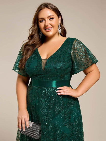 pretty CORY|Plus Size Illusion Sequin V-neck Short Sleeve Maxi Formal Dress
