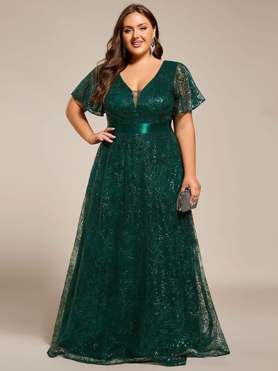 pretty CORY|Plus Size Illusion Sequin V-neck Short Sleeve Maxi Formal Dress