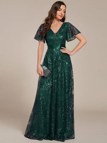 ever CORY|Illusion V-neck Short Sleeve Sequin Formal Maxi Dress