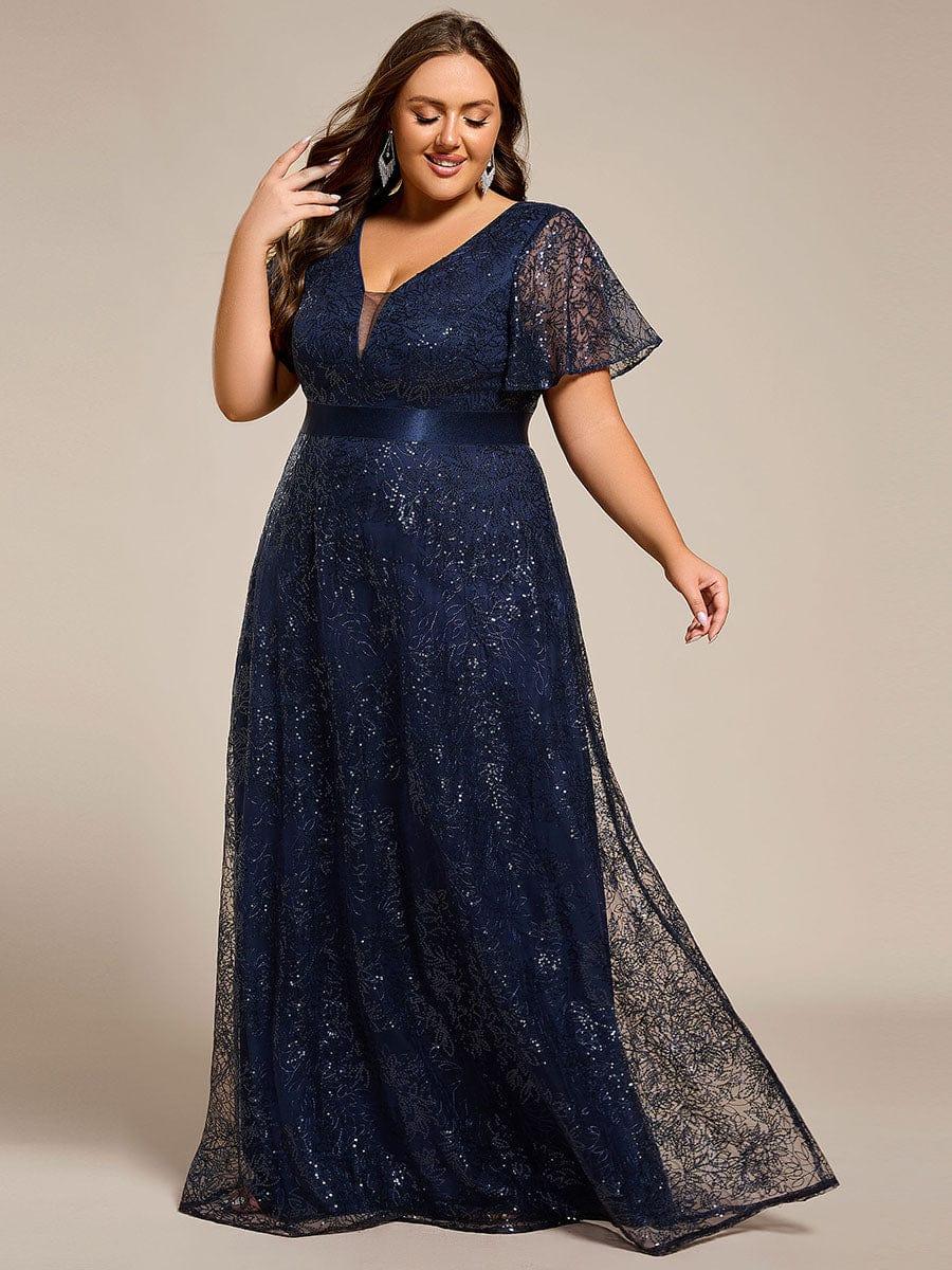 pretty CORY|Plus Size Illusion Sequin V-neck Short Sleeve Maxi Formal Dress