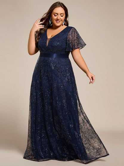 pretty CORY|Plus Size Illusion Sequin V-neck Short Sleeve Maxi Formal Dress