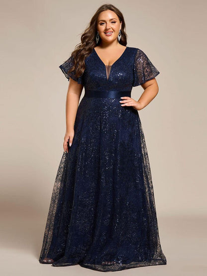 pretty CORY|Plus Size Illusion Sequin V-neck Short Sleeve Maxi Formal Dress