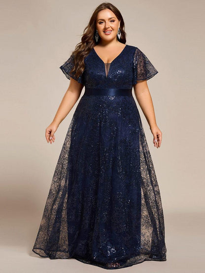 pretty CORY|Plus Size Illusion Sequin V-neck Short Sleeve Maxi Formal Dress