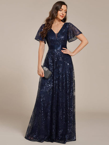 ever CORY|Illusion V-neck Short Sleeve Sequin Formal Maxi Dress