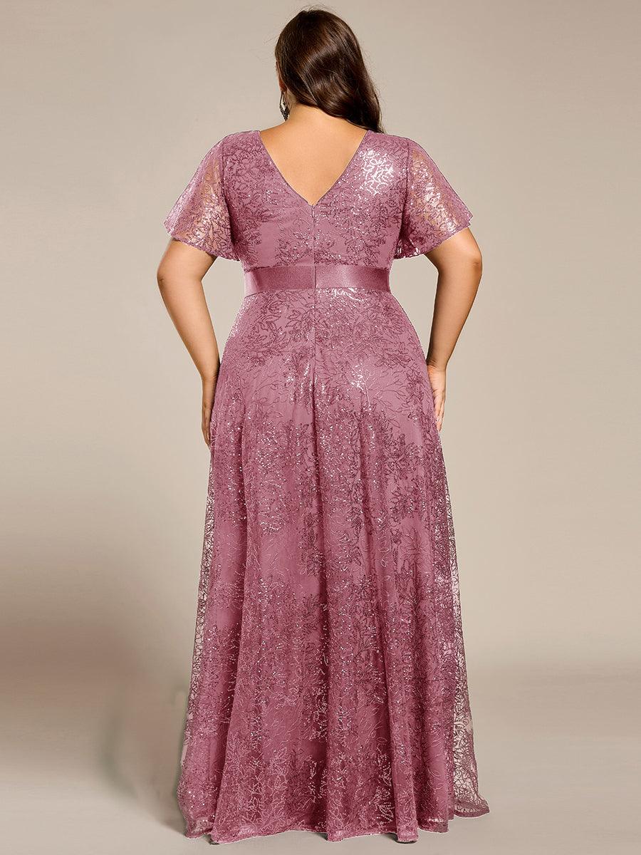 pretty CORY|Plus Size Illusion Sequin V-neck Short Sleeve Maxi Formal Dress