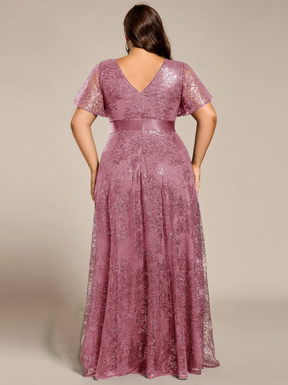pretty CORY|Plus Size Illusion Sequin V-neck Short Sleeve Maxi Formal Dress