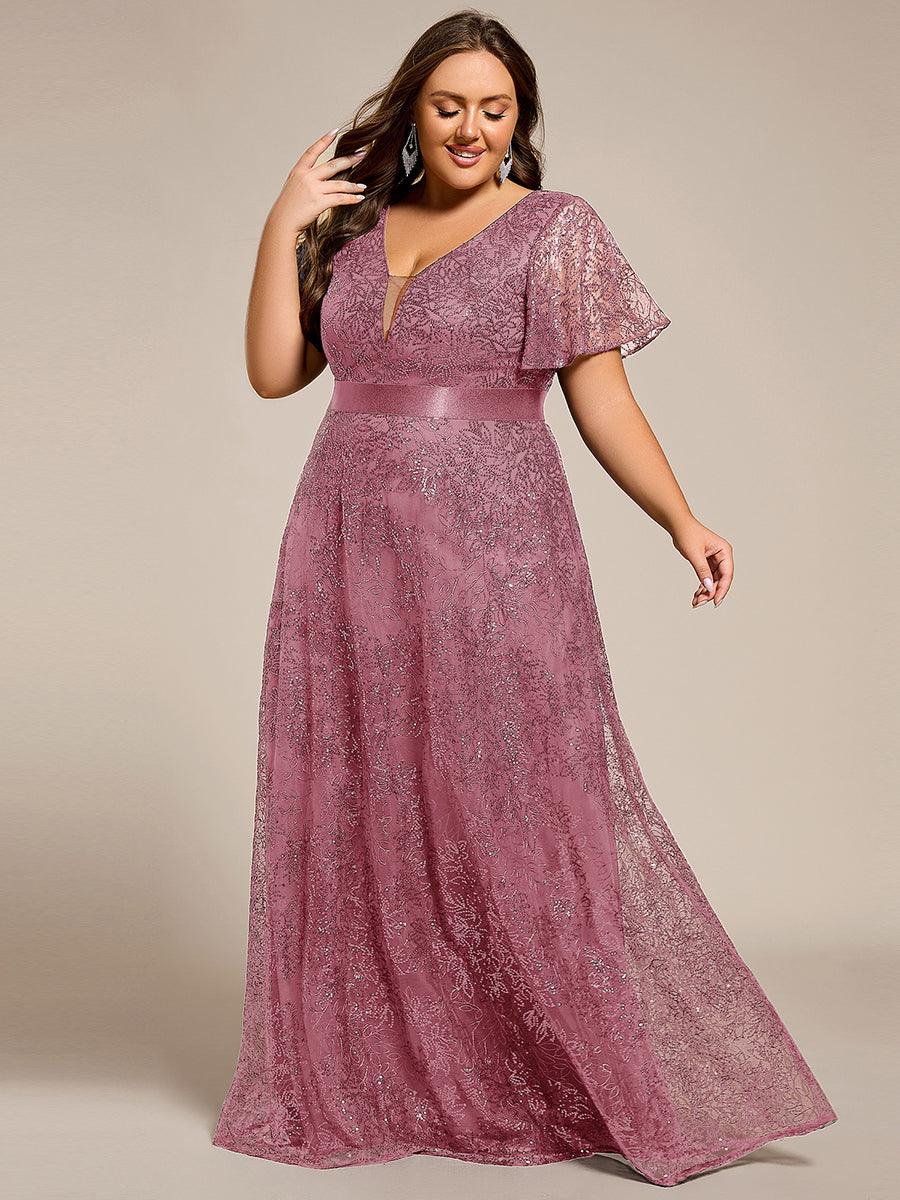 pretty CORY|Plus Size Illusion Sequin V-neck Short Sleeve Maxi Formal Dress