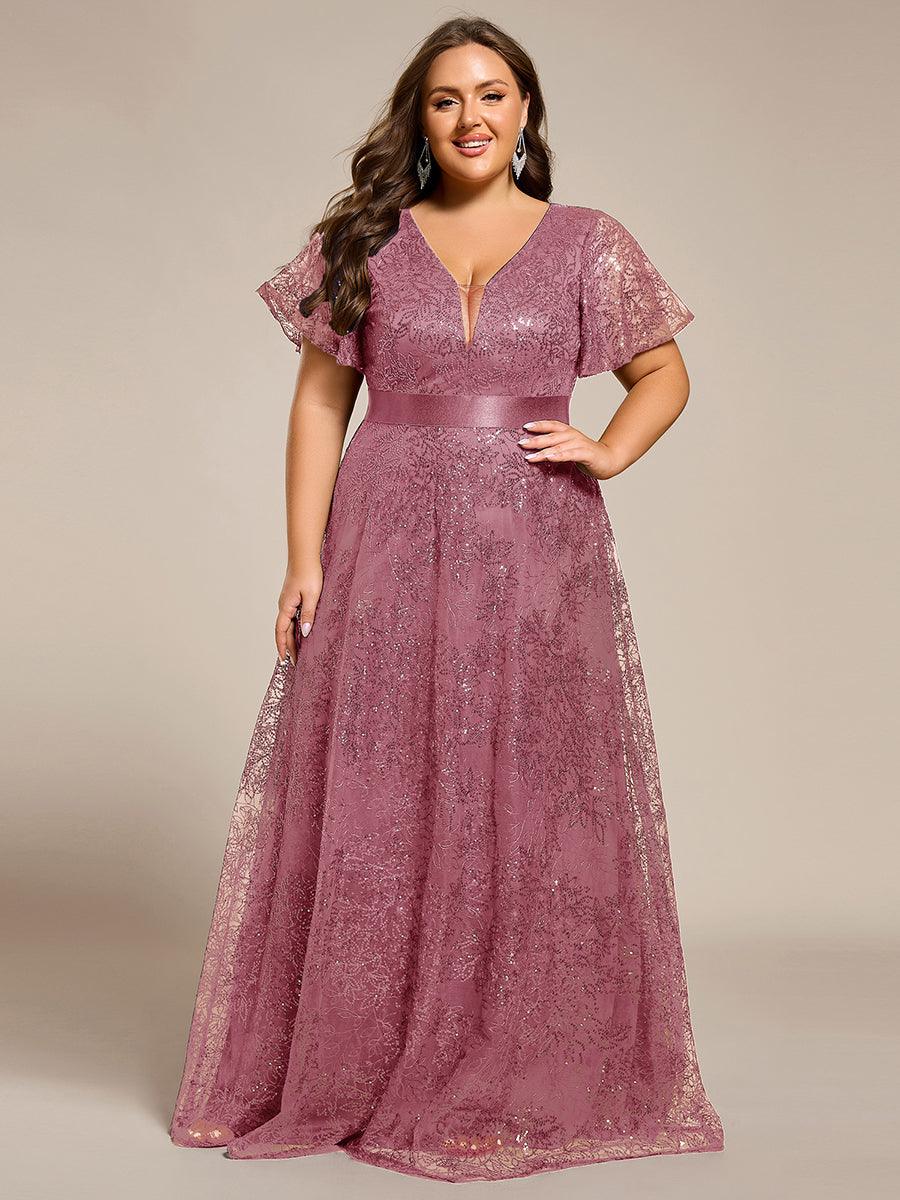 pretty CORY|Plus Size Illusion Sequin V-neck Short Sleeve Maxi Formal Dress