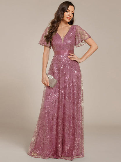 ever CORY|Illusion V-neck Short Sleeve Sequin Formal Maxi Dress