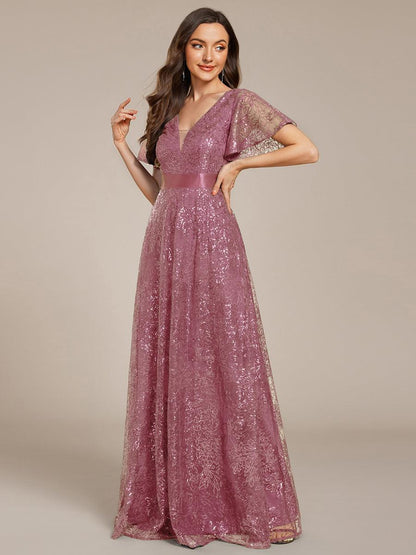 ever CORY|Illusion V-neck Short Sleeve Sequin Formal Maxi Dress