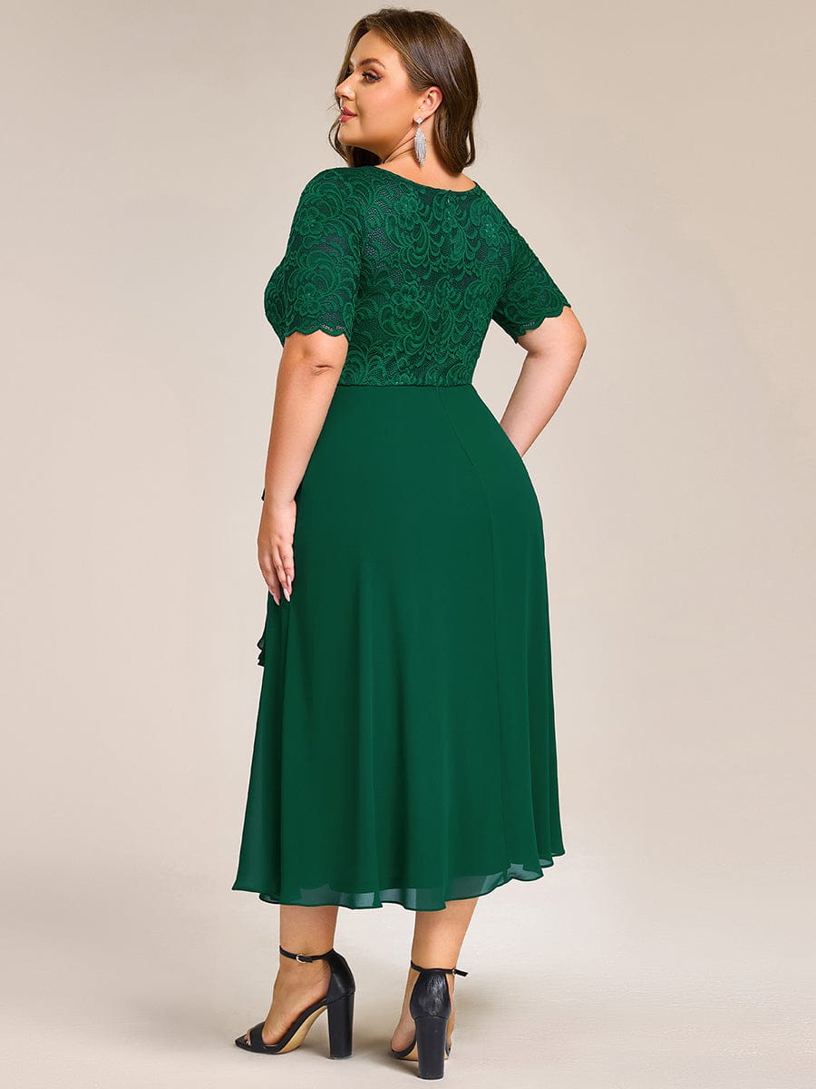 pretty NYLA|Plus Size Lace Top Short Sleeve A-Line Split Round Neck Formal Dress