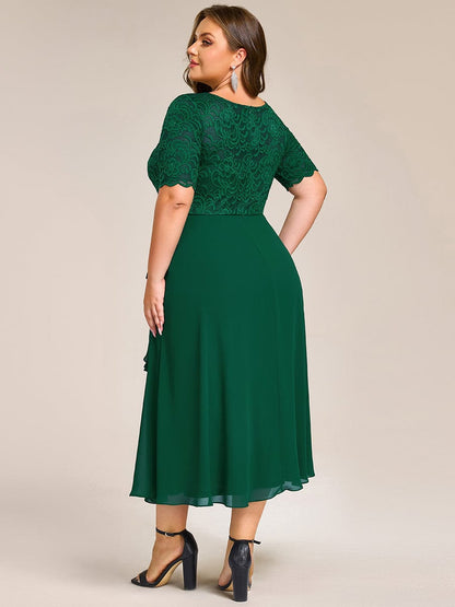pretty NYLA|Plus Size Lace Top Short Sleeve A-Line Split Round Neck Formal Dress