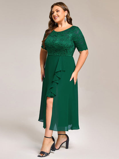 pretty NYLA|Plus Size Lace Top Short Sleeve A-Line Split Round Neck Formal Dress