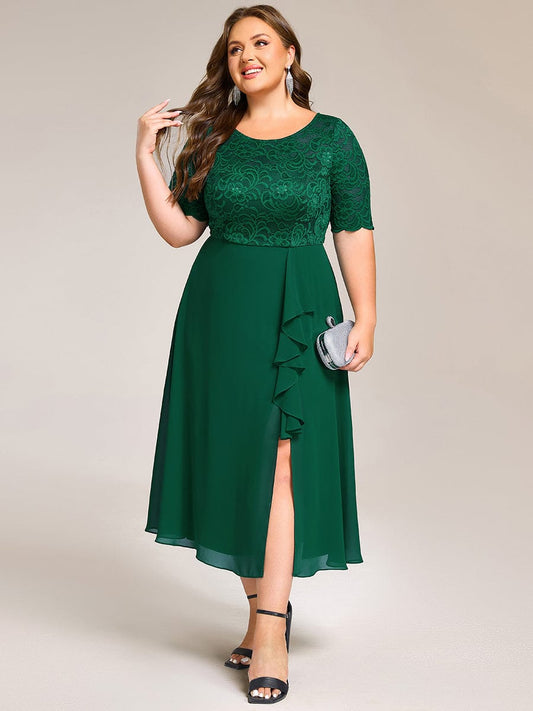 pretty NYLA|Plus Size Lace Top Short Sleeve A-Line Split Round Neck Formal Dress