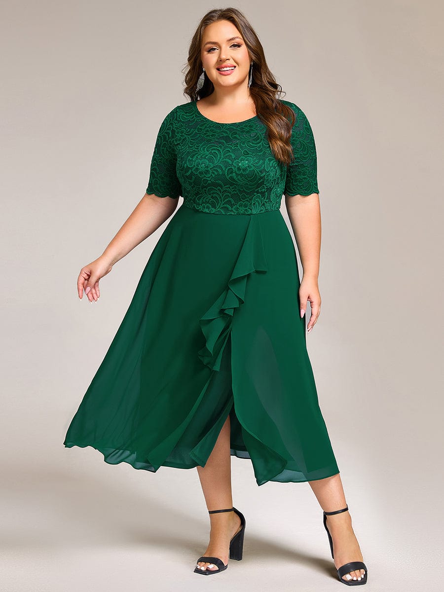 pretty NYLA|Plus Size Lace Top Short Sleeve A-Line Split Round Neck Formal Dress