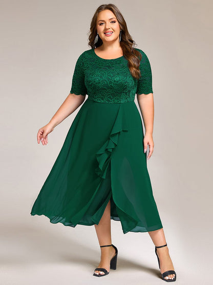 pretty NYLA|Plus Size Lace Top Short Sleeve A-Line Split Round Neck Formal Dress
