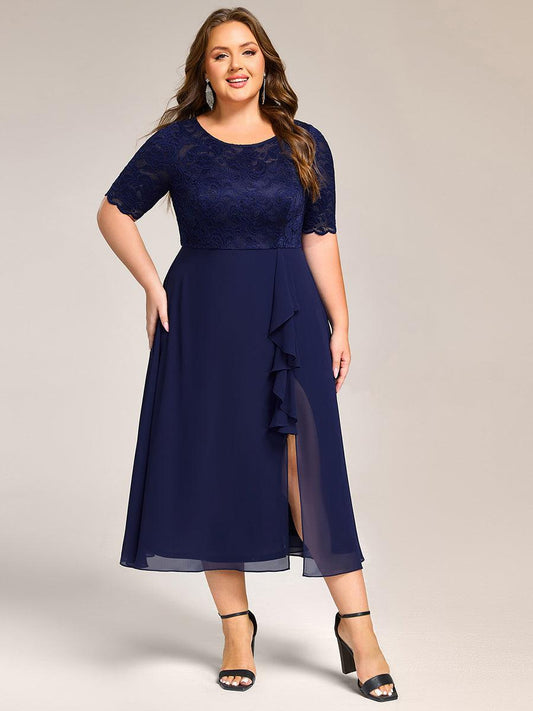 pretty NYLA|Plus Size Lace Top Short Sleeve A-Line Split Round Neck Formal Dress