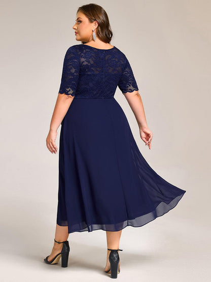 pretty NYLA|Plus Size Lace Top Short Sleeve A-Line Split Round Neck Formal Dress