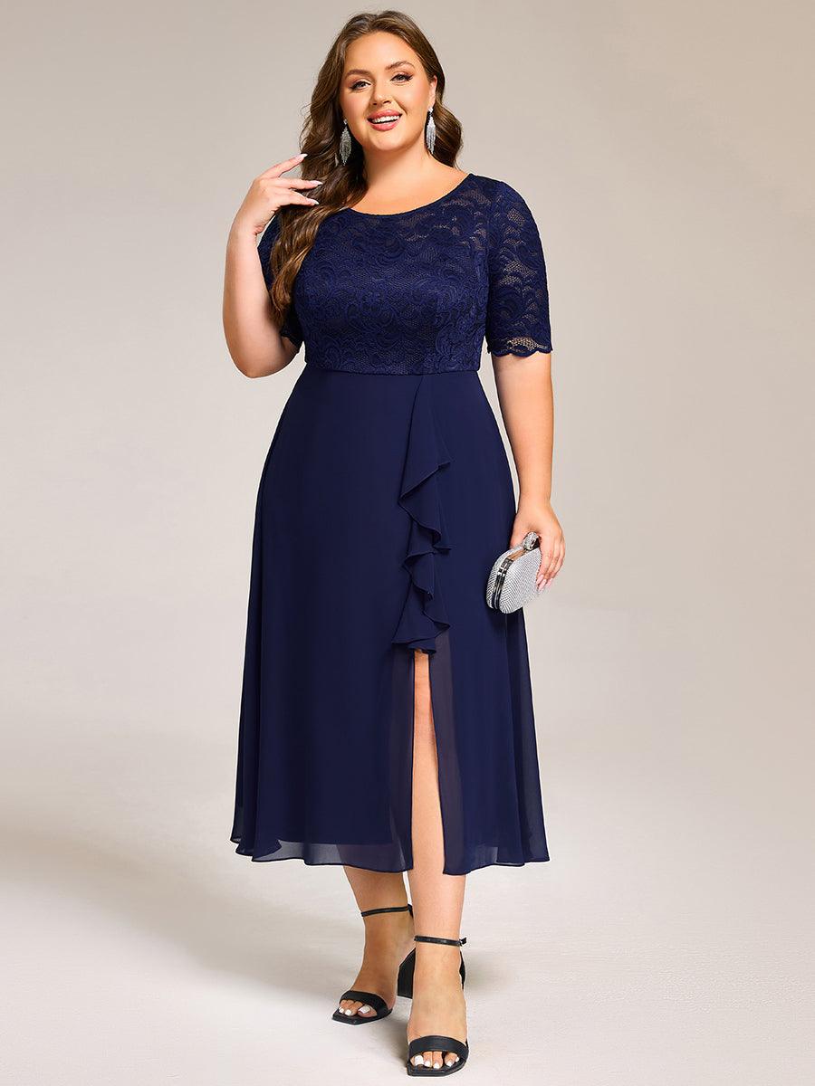 pretty NYLA|Plus Size Lace Top Short Sleeve A-Line Split Round Neck Formal Dress