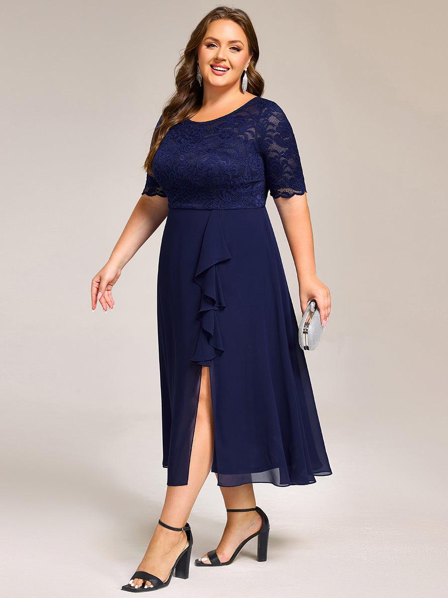 pretty NYLA|Plus Size Lace Top Short Sleeve A-Line Split Round Neck Formal Dress