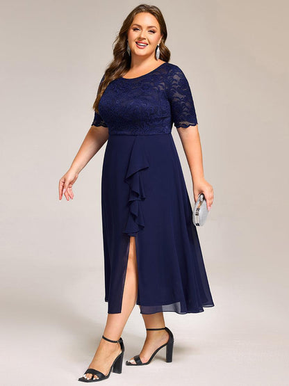 pretty NYLA|Plus Size Lace Top Short Sleeve A-Line Split Round Neck Formal Dress