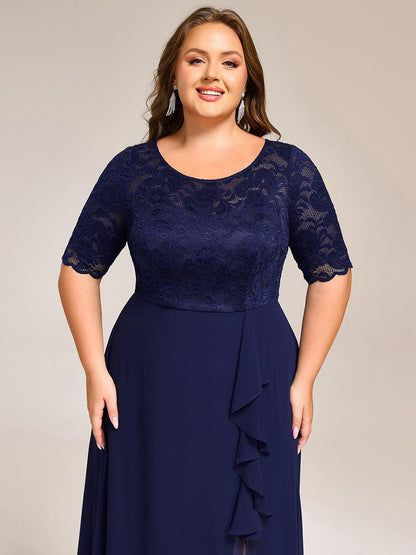 pretty NYLA|Plus Size Lace Top Short Sleeve A-Line Split Round Neck Formal Dress