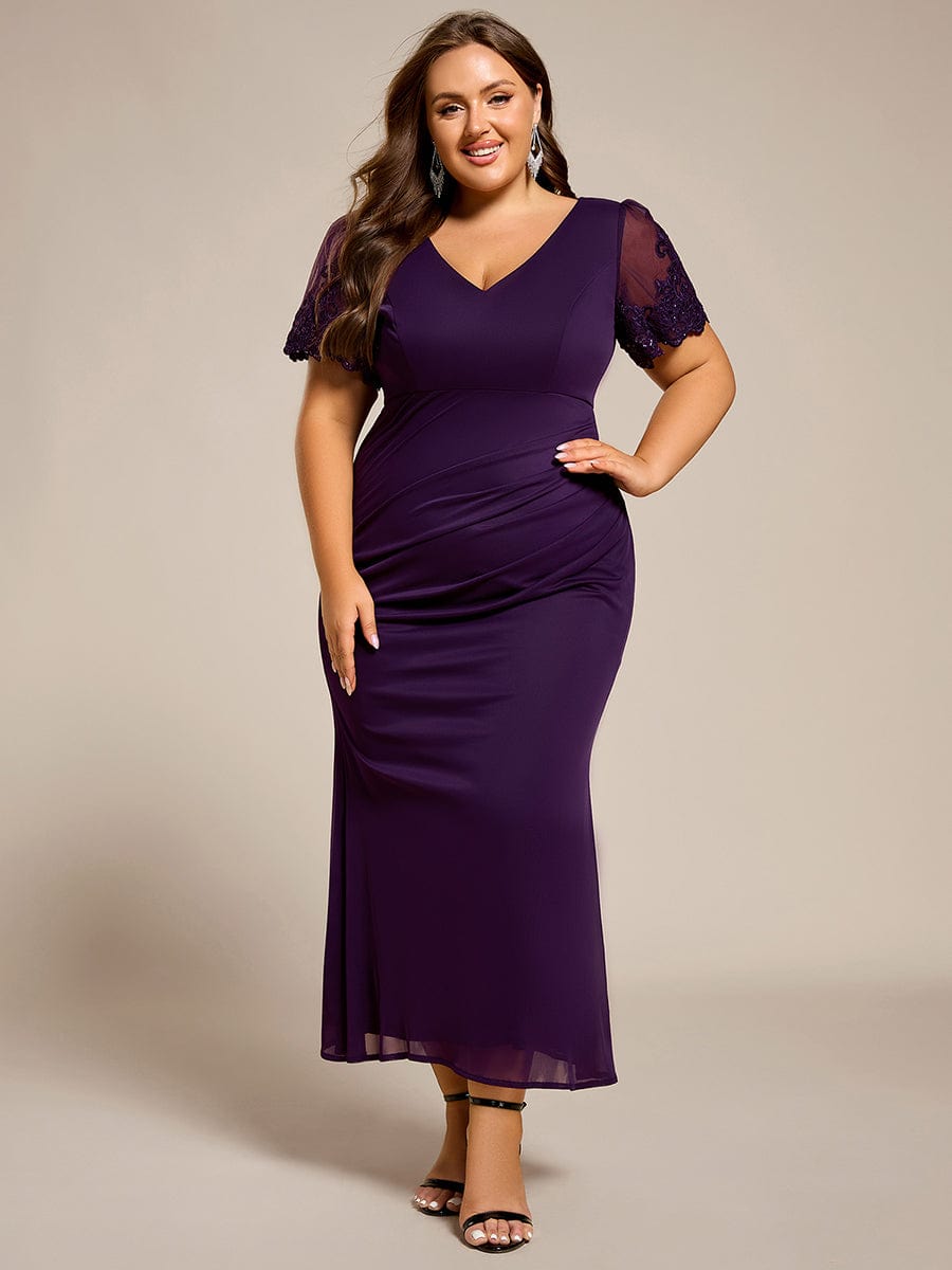 pretty CLEO|Plus Size Short Sleeve Ruffled Fishtail V-Neck Dress