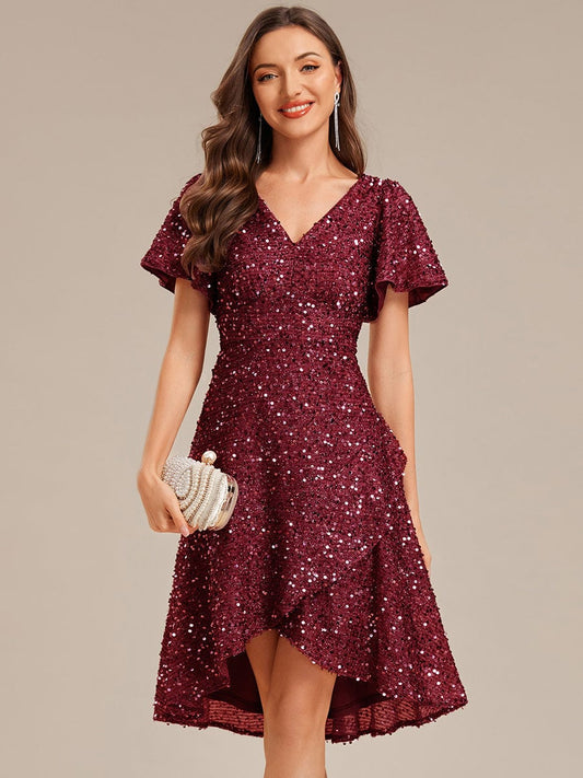 ever CALISTEA|Deep V-neck Sequin Ruffle Sleeve Formal Dress