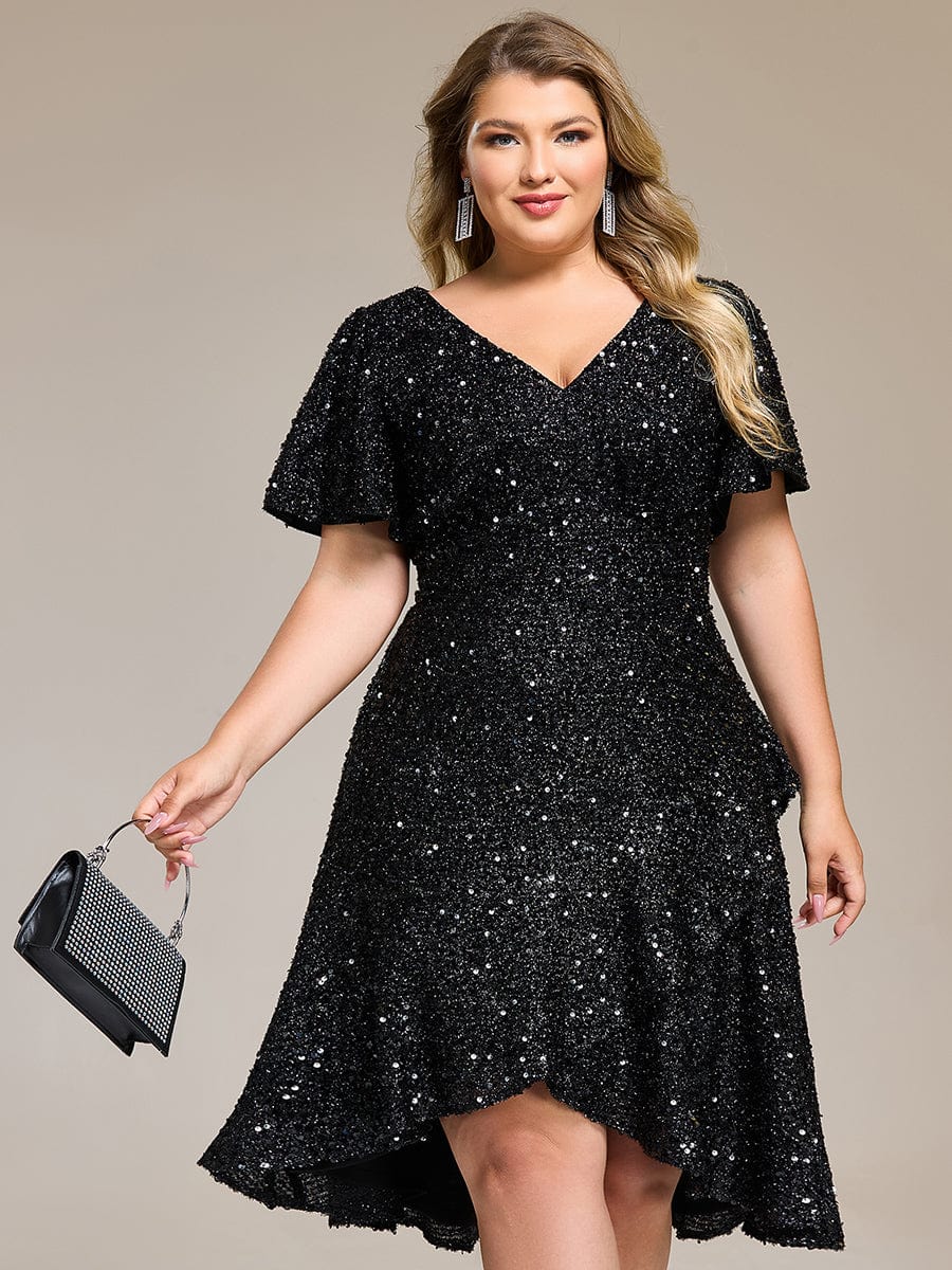 ever CALISTEA|Deep V-neck Sequin Ruffle Sleeve Formal Dress