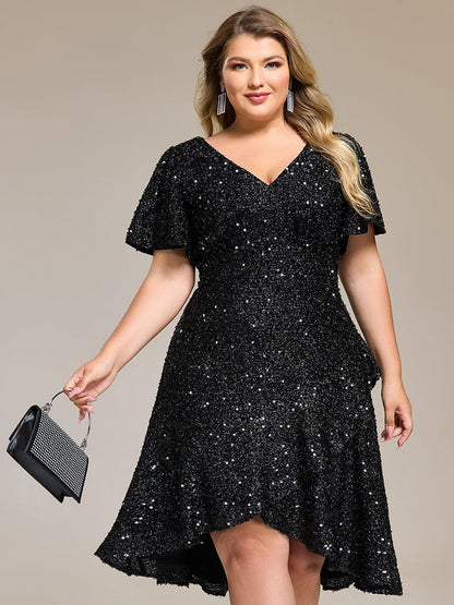 ever CALISTEA|Deep V-neck Sequin Ruffle Sleeve Formal Dress