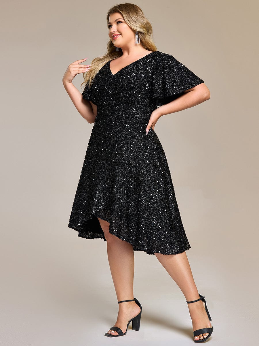 ever CALISTEA|Deep V-neck Sequin Ruffle Sleeve Formal Dress