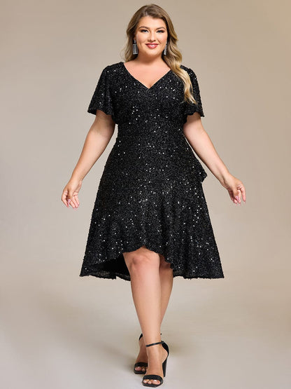 ever CALISTEA|Deep V-neck Sequin Ruffle Sleeve Formal Dress