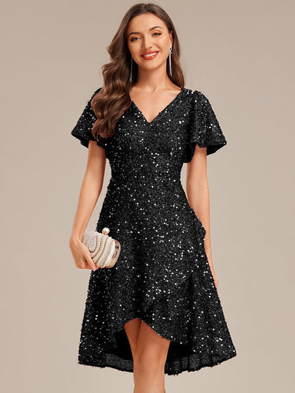 ever CALISTEA|Deep V-neck Sequin Ruffle Sleeve Formal Dress