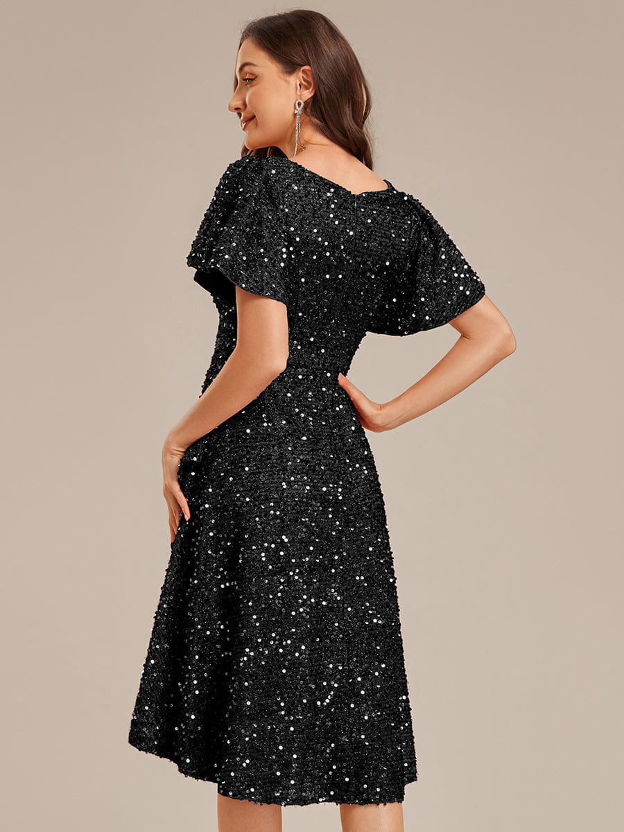 ever CALISTEA|Deep V-neck Sequin Ruffle Sleeve Formal Dress