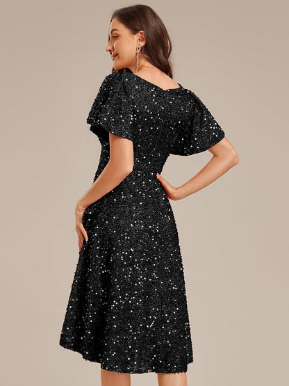 ever CALISTEA|Deep V-neck Sequin Ruffle Sleeve Formal Dress