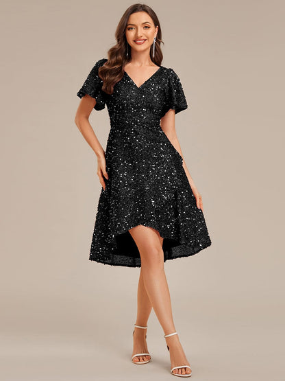 ever CALISTEA|Deep V-neck Sequin Ruffle Sleeve Formal Dress