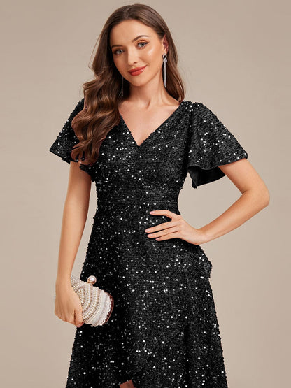 ever CALISTEA|Deep V-neck Sequin Ruffle Sleeve Formal Dress