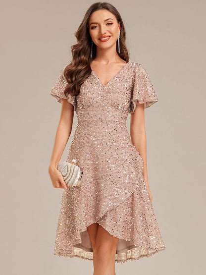 ever CALISTEA|Deep V-neck Sequin Ruffle Sleeve Formal Dress