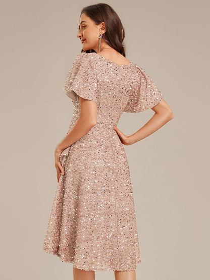 ever CALISTEA|Deep V-neck Sequin Ruffle Sleeve Formal Dress