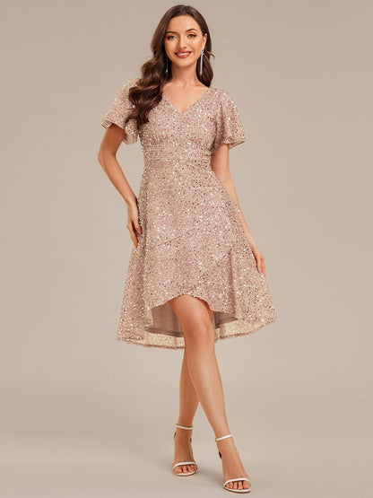 ever CALISTEA|Deep V-neck Sequin Ruffle Sleeve Formal Dress