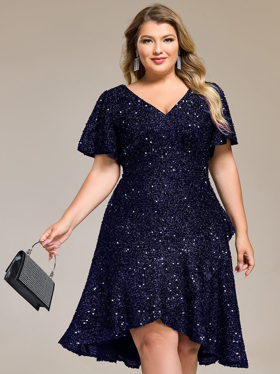 ever CALISTEA|Deep V-neck Sequin Ruffle Sleeve Formal Dress